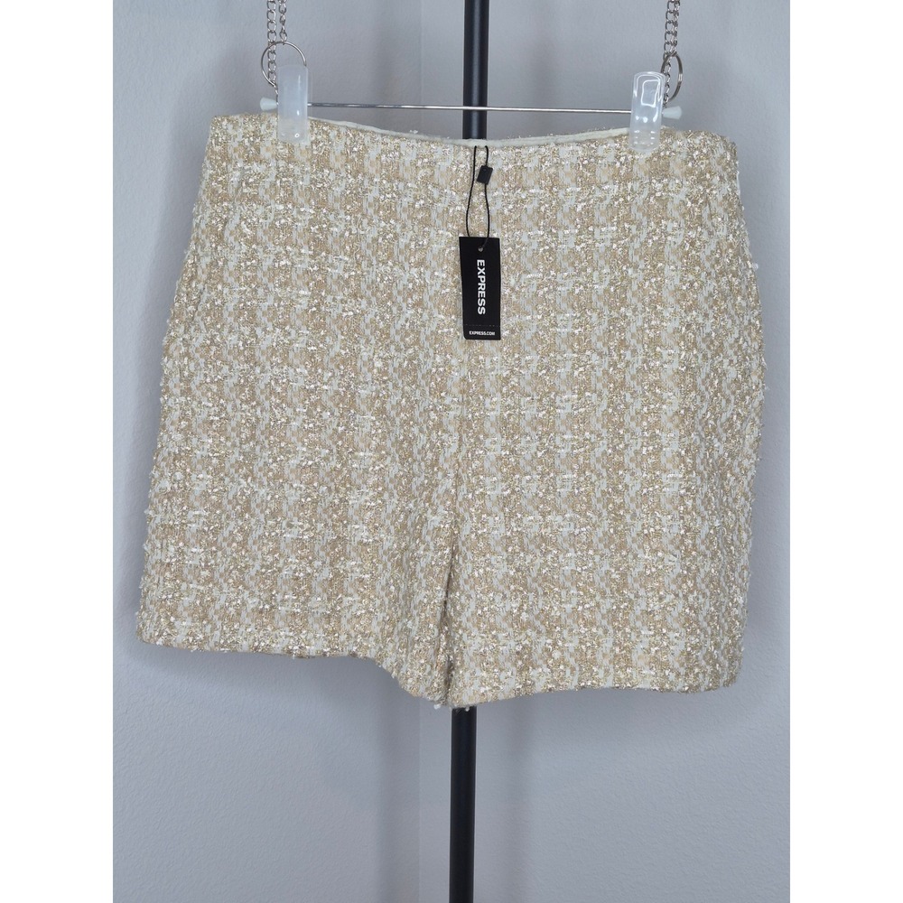 Express Tweed Highwaist Shorts Glam Sparkle Gold Cream Retro Style Tap Shorts 4